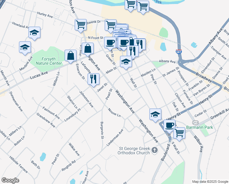 map of restaurants, bars, coffee shops, grocery stores, and more near 209 Washington Avenue in Kingston