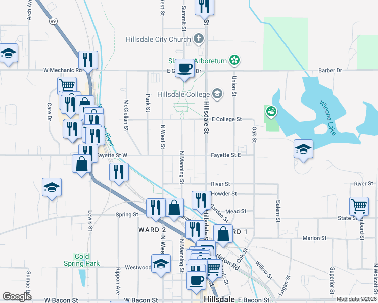 map of restaurants, bars, coffee shops, grocery stores, and more near 195 North Manning Street in Hillsdale