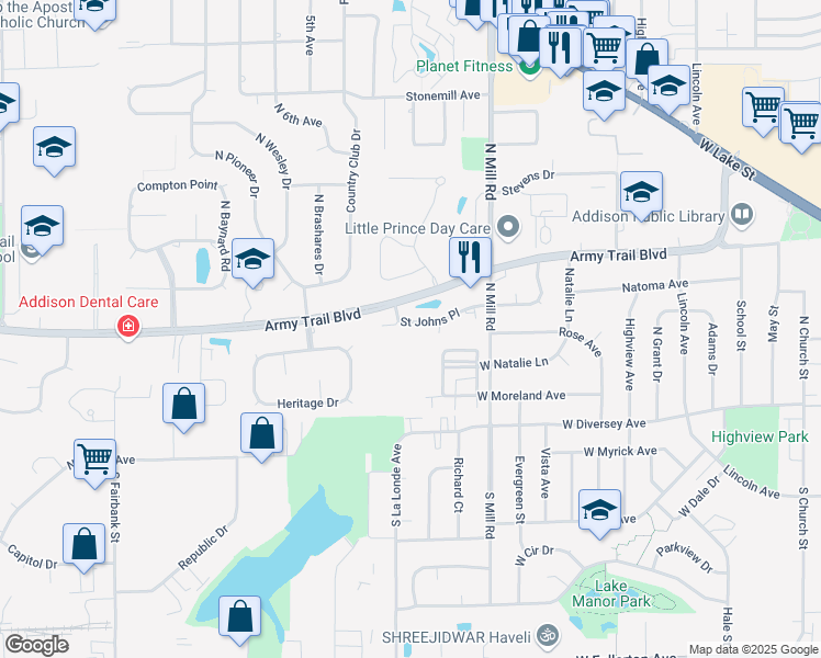 map of restaurants, bars, coffee shops, grocery stores, and more near 727 Saint Johns Place in Addison