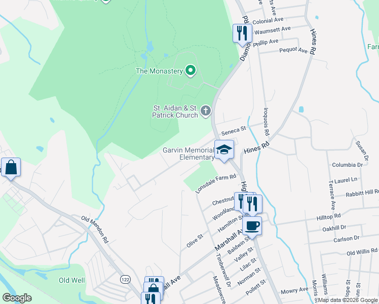 map of restaurants, bars, coffee shops, grocery stores, and more near 87 Roland Street in Cumberland