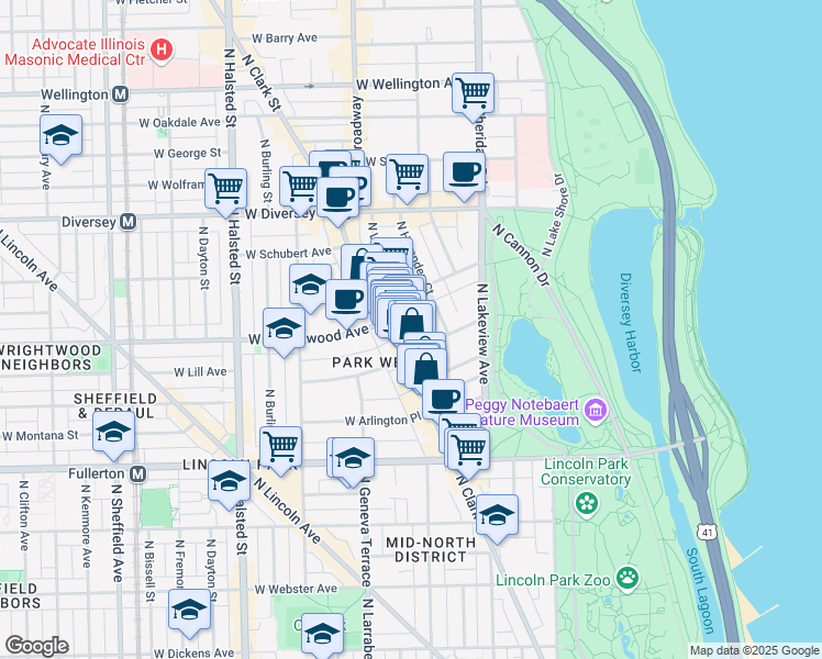 map of restaurants, bars, coffee shops, grocery stores, and more near 2551 North Clark Street in Chicago