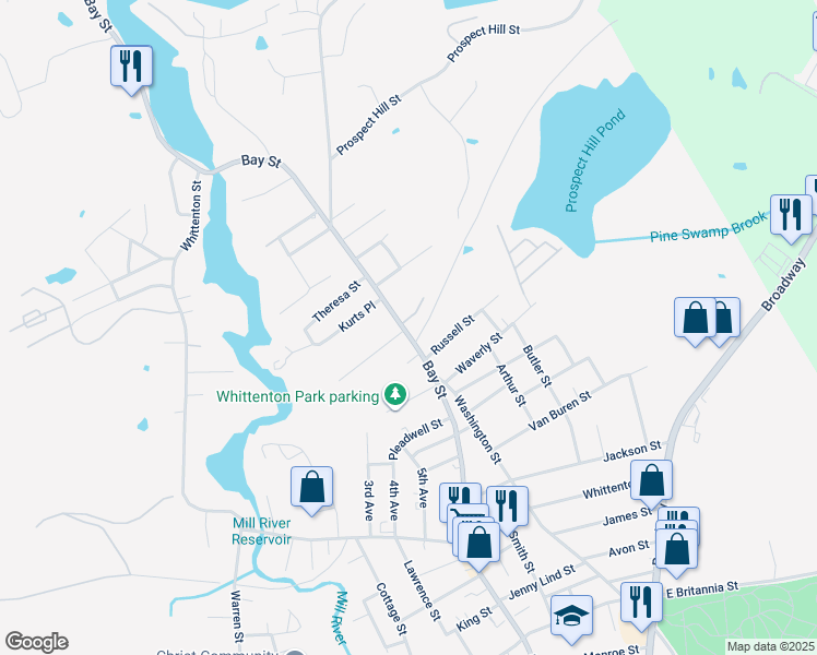 map of restaurants, bars, coffee shops, grocery stores, and more near 5 Sunset Drive in Taunton
