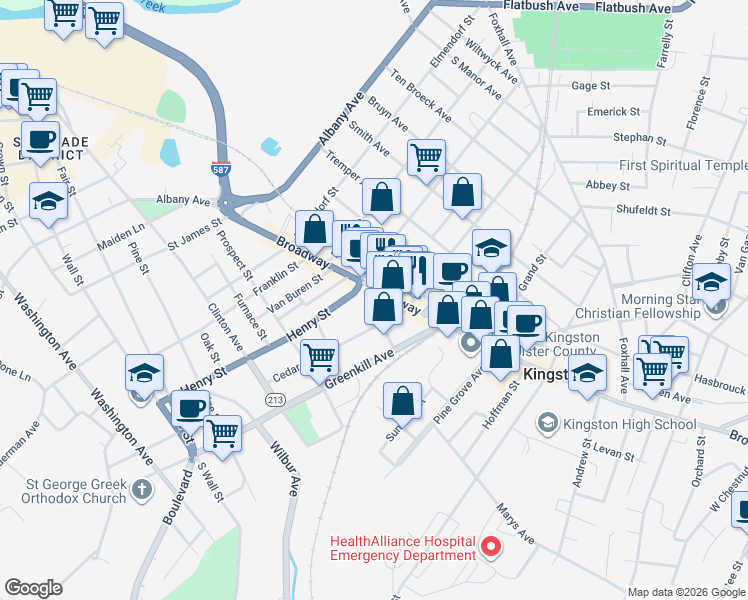 map of restaurants, bars, coffee shops, grocery stores, and more near 625 Broadway in Kingston
