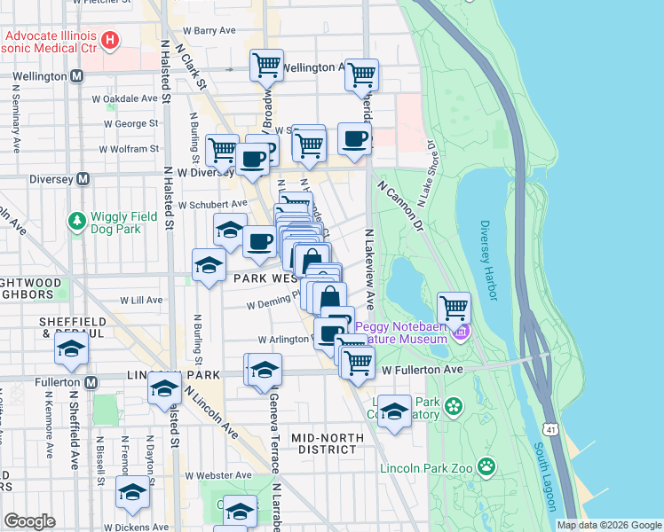 map of restaurants, bars, coffee shops, grocery stores, and more near 432 West Deming Place in Chicago
