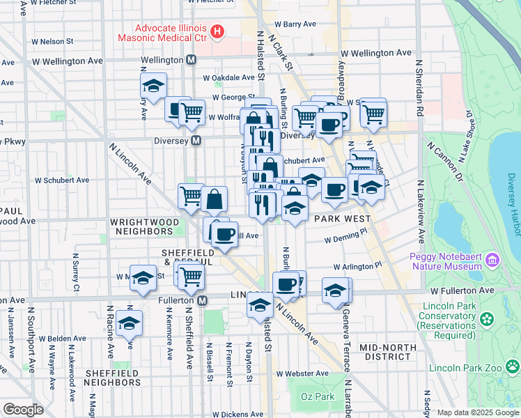 map of restaurants, bars, coffee shops, grocery stores, and more near 812A West Wrightwood Avenue in Chicago