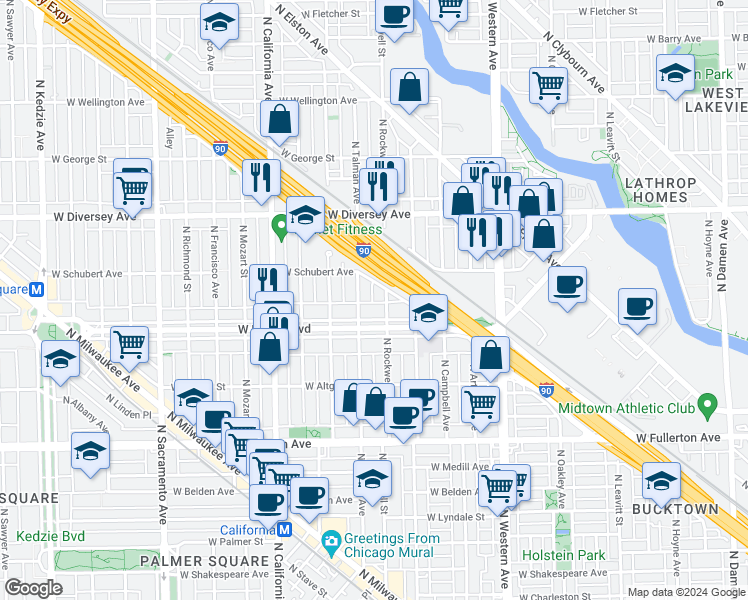 map of restaurants, bars, coffee shops, grocery stores, and more near 2626 North Rockwell Street in Chicago