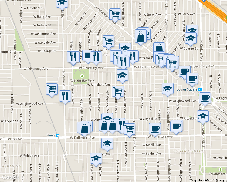 map of restaurants, bars, coffee shops, grocery stores, and more near 2640 North Lawndale Avenue in Chicago