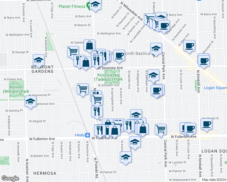 map of restaurants, bars, coffee shops, grocery stores, and more near 2642 North Springfield Avenue in Chicago