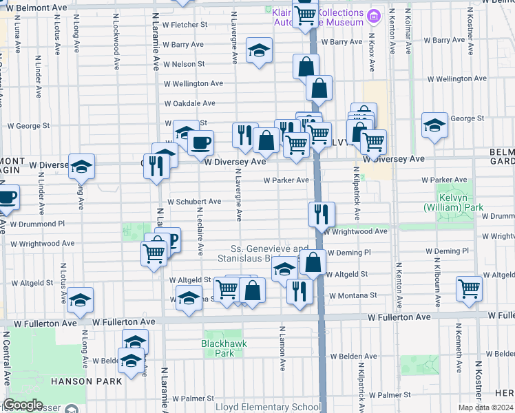 map of restaurants, bars, coffee shops, grocery stores, and more near 4925 West Schubert Avenue in Chicago