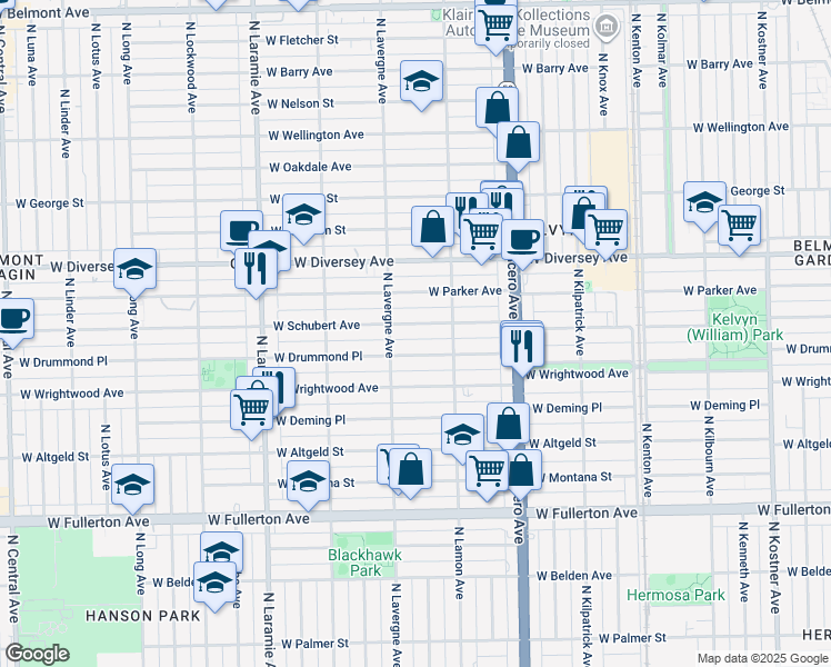 map of restaurants, bars, coffee shops, grocery stores, and more near 4925 West Schubert Avenue in Chicago