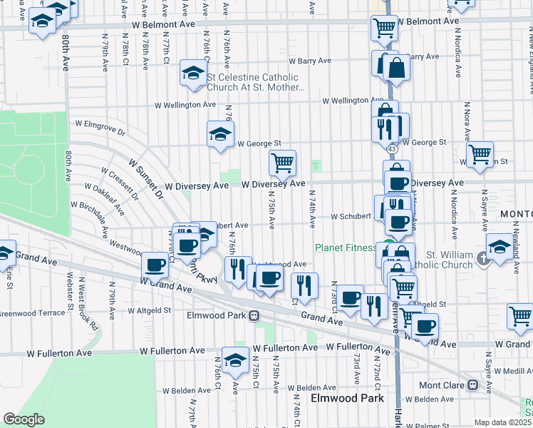 map of restaurants, bars, coffee shops, grocery stores, and more near 2717 North 75th Court in Elmwood Park