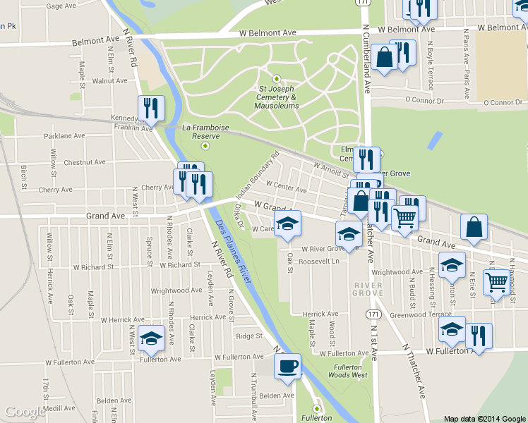map of restaurants, bars, coffee shops, grocery stores, and more near 8621 West Grand Avenue in River Grove