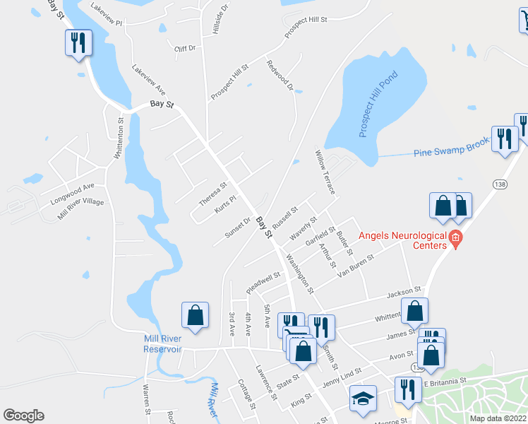 map of restaurants, bars, coffee shops, grocery stores, and more near 5 Sunset Drive in Taunton