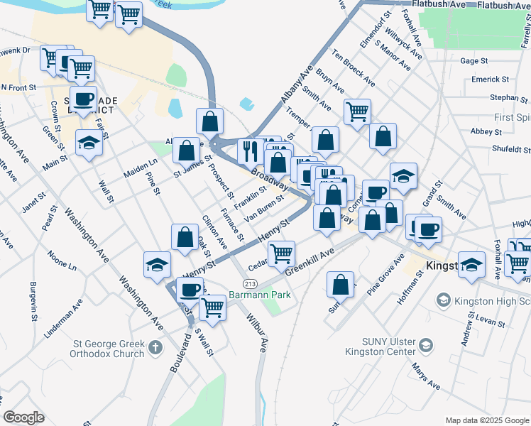 map of restaurants, bars, coffee shops, grocery stores, and more near 48 Van Buren Street in Kingston