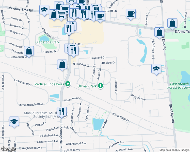map of restaurants, bars, coffee shops, grocery stores, and more near 1921 Towner Lane in Glendale Heights