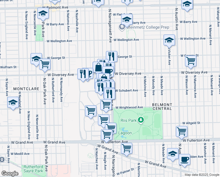 map of restaurants, bars, coffee shops, grocery stores, and more near 2710 North Narragansett Avenue in Chicago