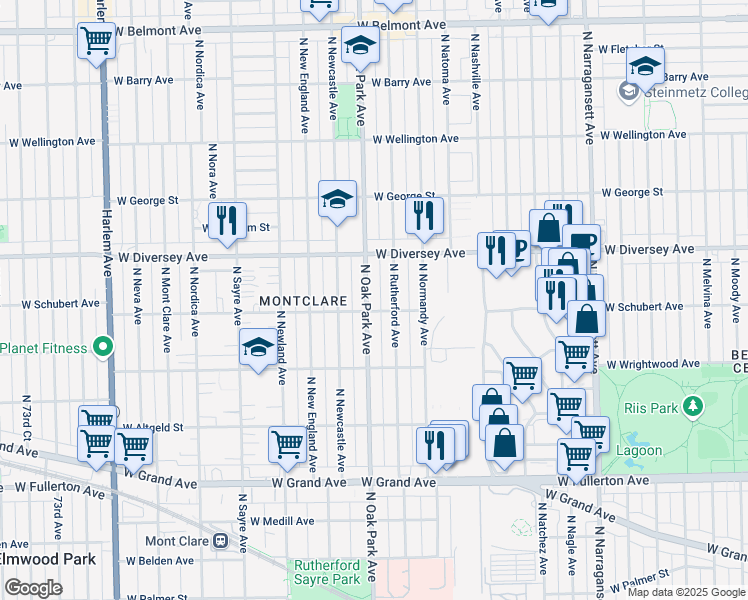 map of restaurants, bars, coffee shops, grocery stores, and more near 2709 North Oak Park Avenue in Chicago