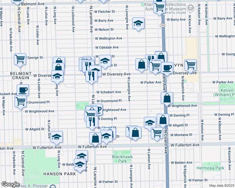 map of restaurants, bars, coffee shops, grocery stores, and more near 5041 West Schubert Avenue in Chicago