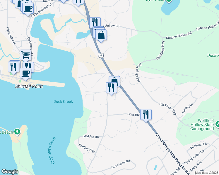 map of restaurants, bars, coffee shops, grocery stores, and more near 15 Way 75 in Wellfleet