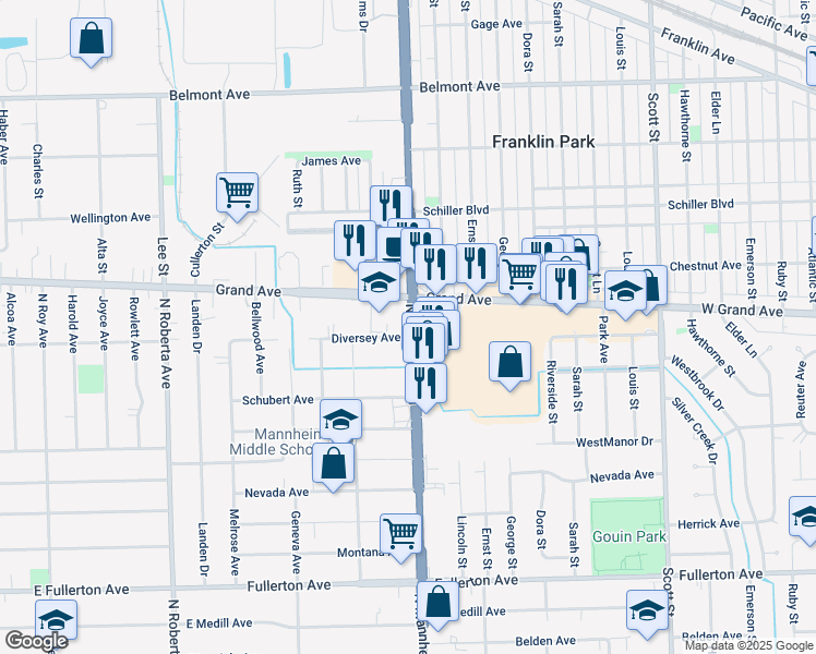 map of restaurants, bars, coffee shops, grocery stores, and more near 762 North Mannheim Road in Franklin Park