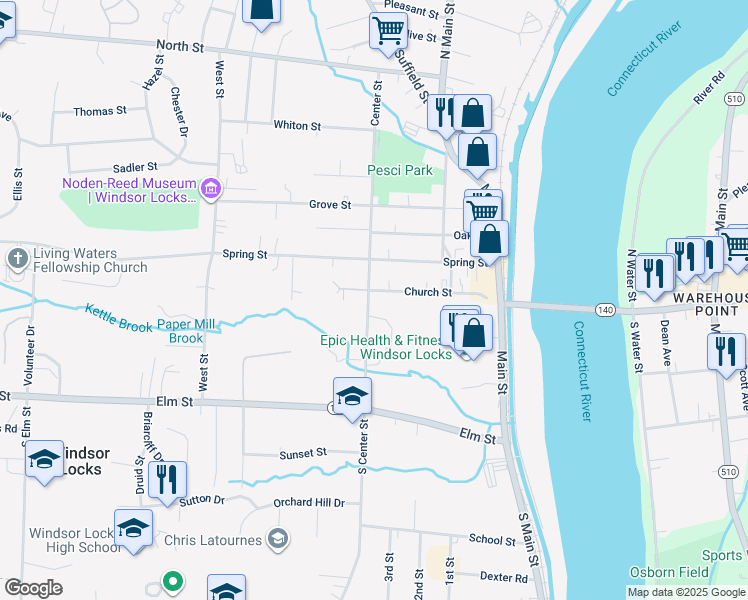 map of restaurants, bars, coffee shops, grocery stores, and more near 37 Center Street in Windsor Locks