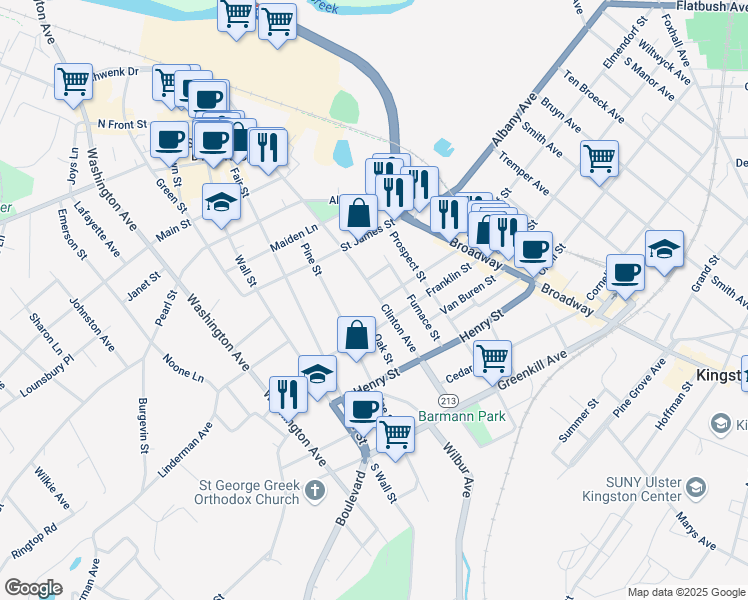 map of restaurants, bars, coffee shops, grocery stores, and more near 119 Clinton Avenue in Kingston