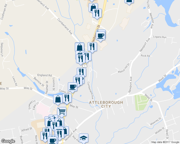 map of restaurants, bars, coffee shops, grocery stores, and more near 147 Cumberland Avenue in Attleboro