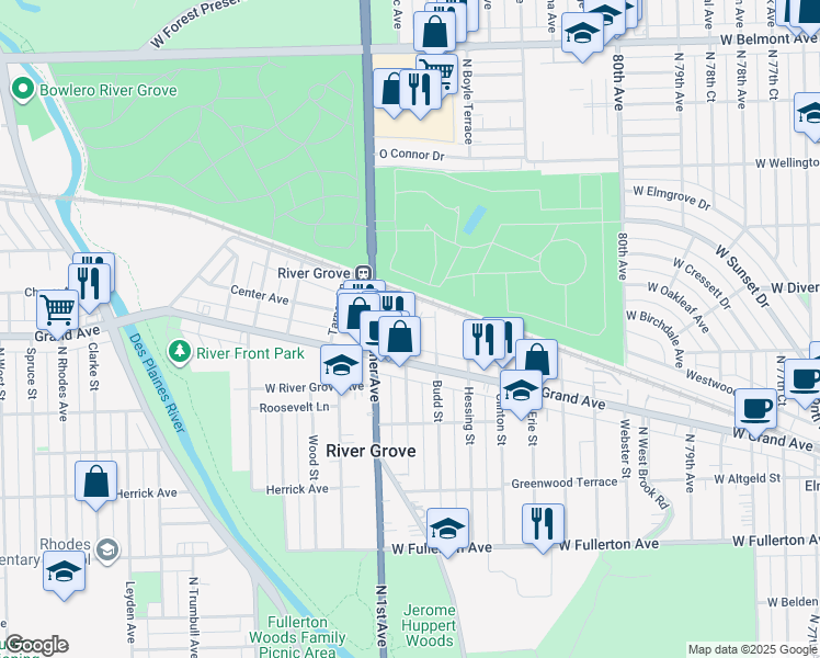 map of restaurants, bars, coffee shops, grocery stores, and more near 2735 Marwood Street in River Grove