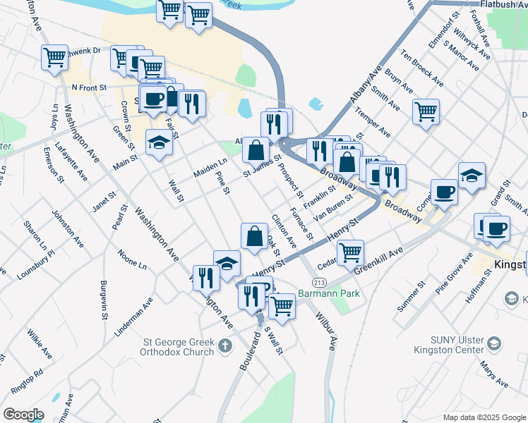 map of restaurants, bars, coffee shops, grocery stores, and more near 121 Clinton Avenue in Kingston
