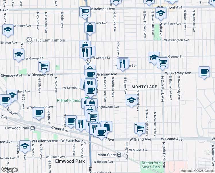map of restaurants, bars, coffee shops, grocery stores, and more near 2715 North Mont Clare Avenue in Chicago
