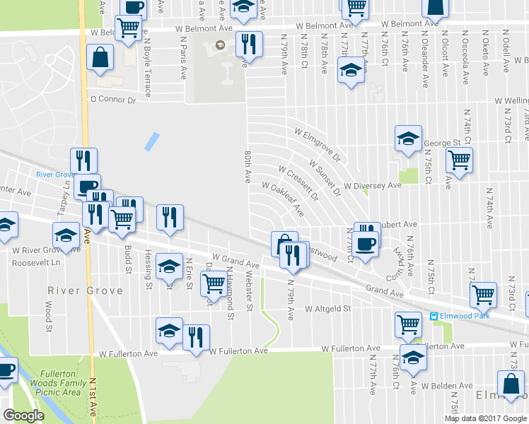 map of restaurants, bars, coffee shops, grocery stores, and more near 7949 West Birchdale Avenue in Chicago