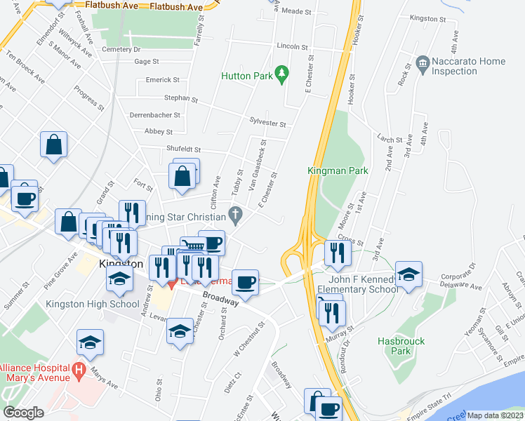 map of restaurants, bars, coffee shops, grocery stores, and more near 120 East Chester Street in Kingston