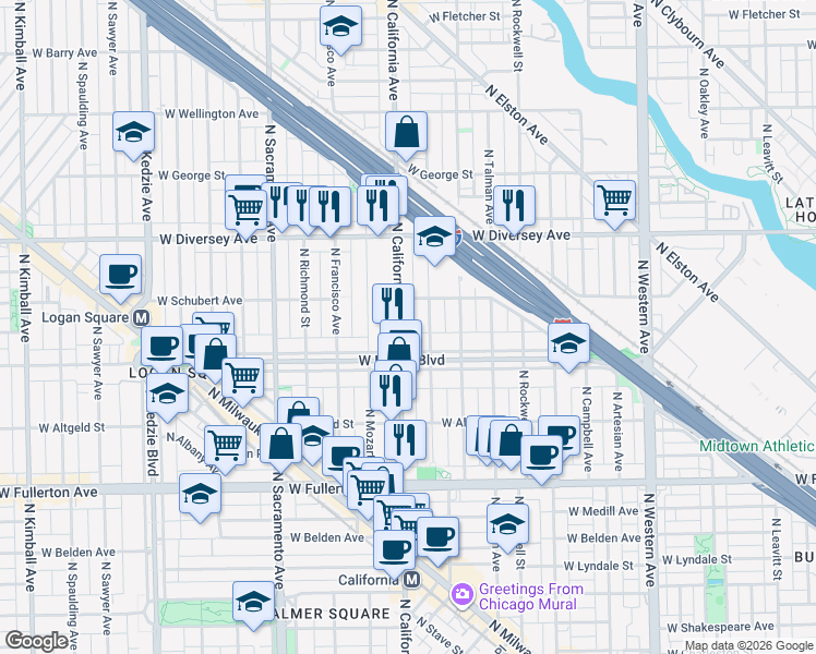 map of restaurants, bars, coffee shops, grocery stores, and more near 2623 North California Avenue in Chicago