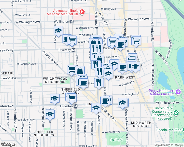 map of restaurants, bars, coffee shops, grocery stores, and more near 812A West Wrightwood Avenue in Chicago