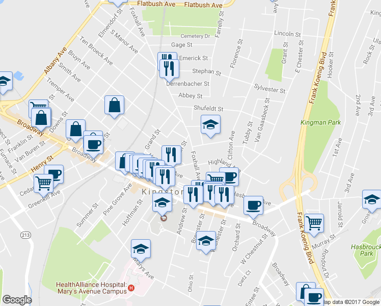 map of restaurants, bars, coffee shops, grocery stores, and more near 95 Foxhall Ave in Kingston