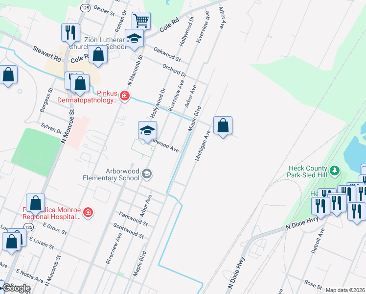 map of restaurants, bars, coffee shops, grocery stores, and more near 1036 Maple Boulevard in Monroe