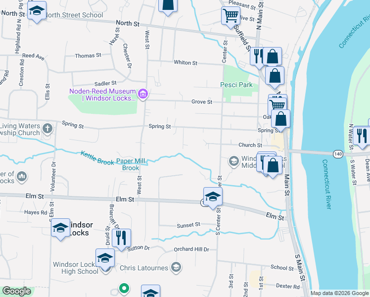 map of restaurants, bars, coffee shops, grocery stores, and more near 18 Cherry Street in Windsor Locks