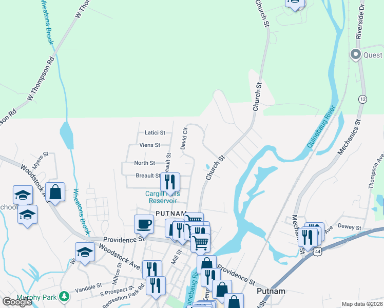 map of restaurants, bars, coffee shops, grocery stores, and more near 168 David Circle in Putnam