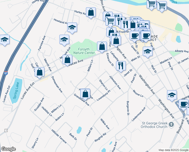 map of restaurants, bars, coffee shops, grocery stores, and more near 75 Sharon Lane in Kingston
