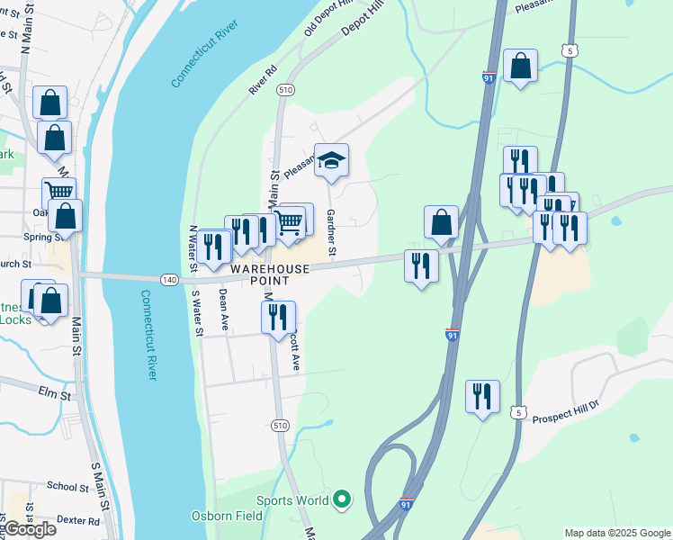map of restaurants, bars, coffee shops, grocery stores, and more near 119 Bridge Street in East Windsor