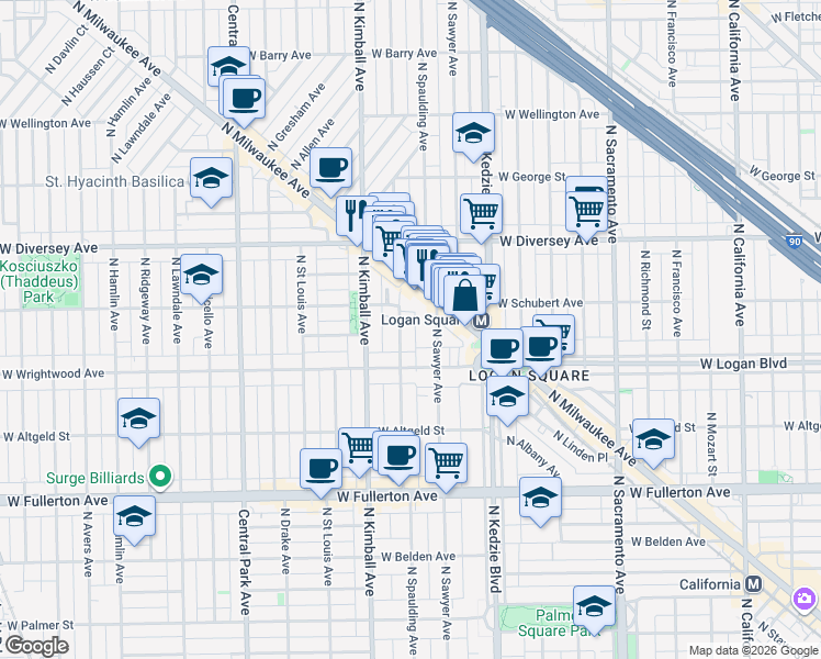 map of restaurants, bars, coffee shops, grocery stores, and more near 2633 North Spaulding Avenue in Chicago