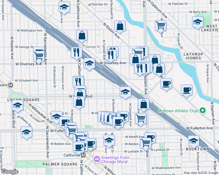 map of restaurants, bars, coffee shops, grocery stores, and more near 2626 North Rockwell Street in Chicago