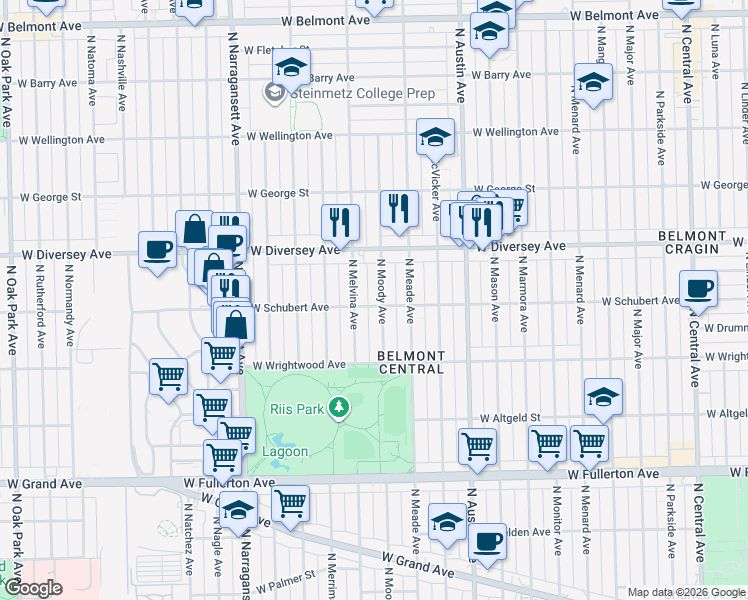 map of restaurants, bars, coffee shops, grocery stores, and more near 2704 North Moody Avenue in Chicago