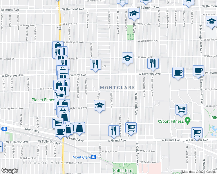 map of restaurants, bars, coffee shops, grocery stores, and more near 2712 North Newland Avenue in Chicago