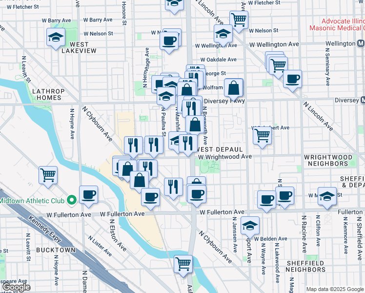 map of restaurants, bars, coffee shops, grocery stores, and more near in Chicago