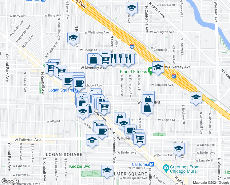 map of restaurants, bars, coffee shops, grocery stores, and more near 2625 North Sacramento Avenue in Chicago