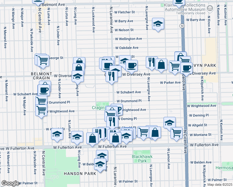 map of restaurants, bars, coffee shops, grocery stores, and more near 5153 West Schubert Avenue in Chicago