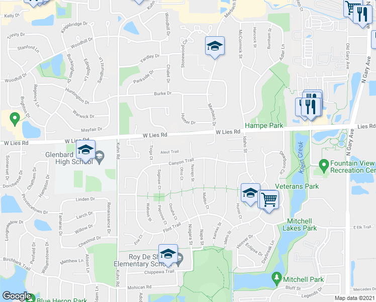 map of restaurants, bars, coffee shops, grocery stores, and more near 992 Navajo Street in Carol Stream