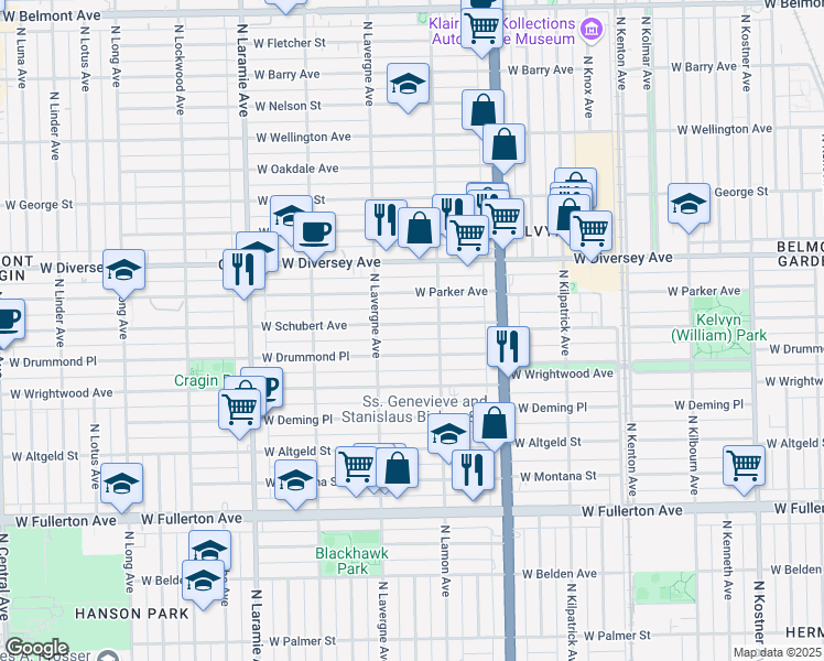 map of restaurants, bars, coffee shops, grocery stores, and more near 4925 West Schubert Avenue in Chicago