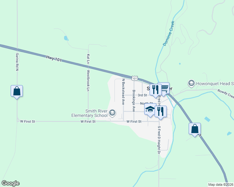 map of restaurants, bars, coffee shops, grocery stores, and more near 315 North Bradford Street in Smith River